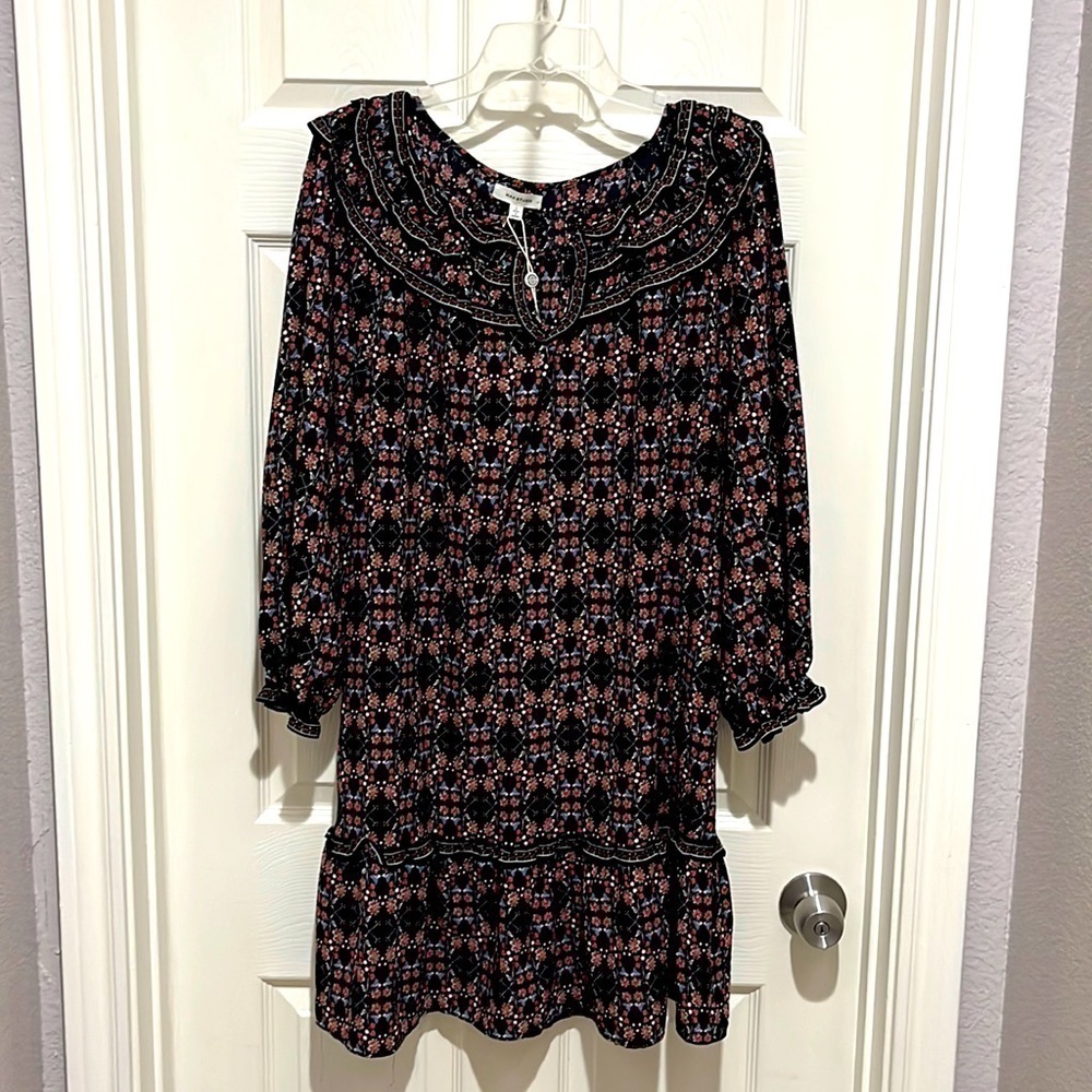 NWT Max Studio Ruffle Tiered Large L Floral Long Sleeve Shift Dress Black Red